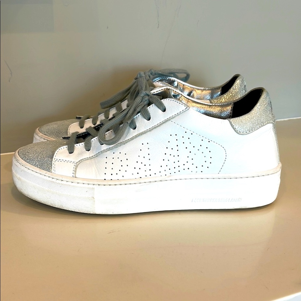 P448 white leather and silver sparkle